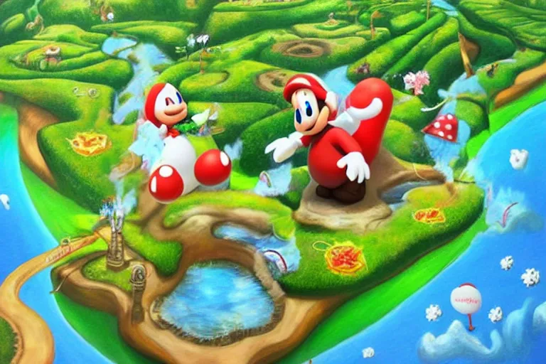 Image similar to painting wonderland marioworld yoshi kurbi dofus acrylic 3 d real