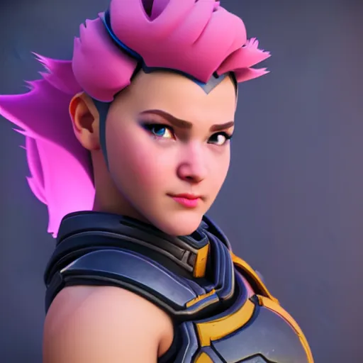 Image similar to a young girl with the appearance and armor of zarya from overwatch, design, octane render, 4 k, ingame shot