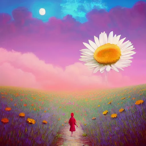 Prompt: giant daisy flower as a head, girl walking in flower field, surreal photography, moon light, dramatic, impressionist painting, colorful clouds, digital painting, artstation, simon stalenhag