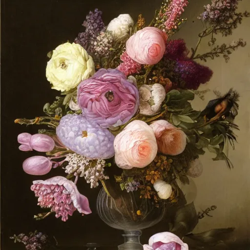 Image similar to still - life of bouquet of lilac and ranunculus with honeycomb bees and birds feathers, rachel ruysch, dark, moody