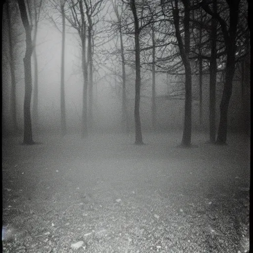 Prompt: taken using a film camera with 35mm expired film, bright camera flash enabled, cloudy sky with moon visible behind, slightly foggy, dark trees in the distance, award winning photograph, creepy, liminal space,