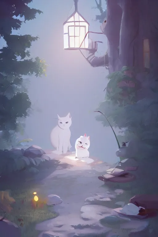 Prompt: a moment of pure bliss, the white cat in front of the small house in the forest, cory loftis, james gilleard, atey ghailan, goro fujita, character art, exquisite lighting, clear focus, very coherent, plain background, dramatic painting