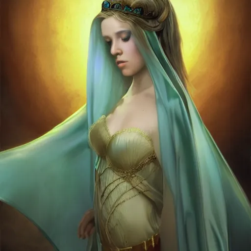 Image similar to detailed portrait of a fairy queen with wings wearing a silk robe and a cover for her face, crown, pixie, iris, realism, emerald, galaxy, sapphire,blonde hair going down to the floor, moonlit, dark fantasy, dramatic lighting, cgsociety, artstation