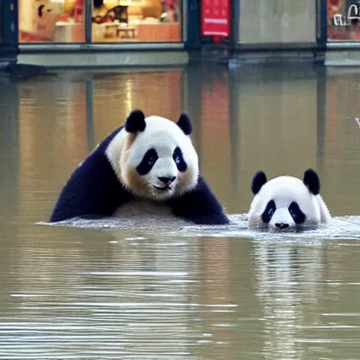 Prompt: pandas in a flooded German city, telephoto, documentary, dslr