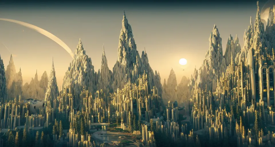 Prompt: majestic futuristic elf city made of white stone and decorated with gold, plants and trees, flying cars, angels flying around, epic buildings in the center, light clouds, cinematic sky, sunset, 8 k, unreal engine 5, sharp