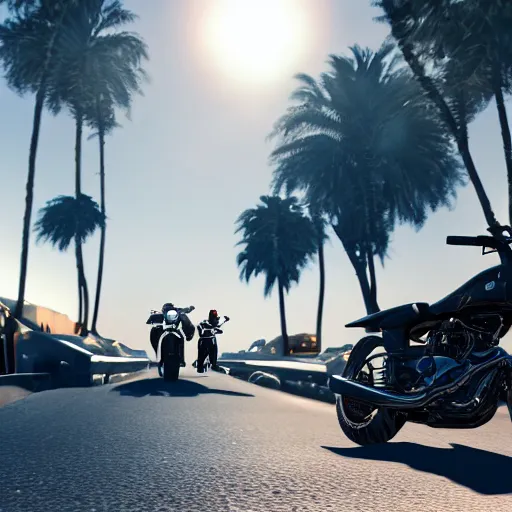 Image similar to a photorealistic image of bichon frise riding a black motorcycle in Hollywood at sundown. This 4K HD image is Trending on Artstation, featured on Behance, well-rendered, extra crisp, features intricate detail and the style of Unreal Engine.