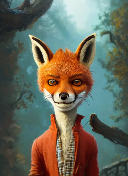 Image similar to highly detailed portrait of fantastic mr fox, by stephen bliss, unreal engine 5, fantasy art by greg rutkowski and loish rhads ferdinand.