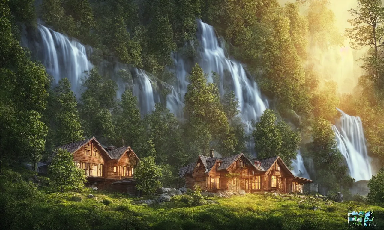 Image similar to beautiful large scandinavian house in the forest on a hill, a large waterfall flows down from the mountain in the background, vector art, fabulous, random cinematic view, no noise, global illumination, warm lighting, volumetric, by jordan grimmer