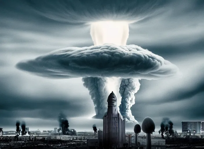 Prompt: nuclear explosion with a mushroom cloud and shock waves in the city . Horror dystopia style. Highly detailed 8k. Intricate. Nikon d850 300mm. Award winning photography.