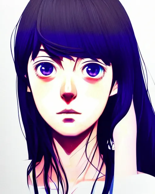 Image similar to portrait Anime kaya scodelario, skins, cute-fine-face, black-hair, blue eyes, pretty face, realistically shaded, Perfect face, fine details. Anime. skins, realistic shaded lighting by Ilya Kuvshinov, katsuhiro otomo, ghost-in-the-shell, magali villeneuve, artgerm, rutkowski, WLOP