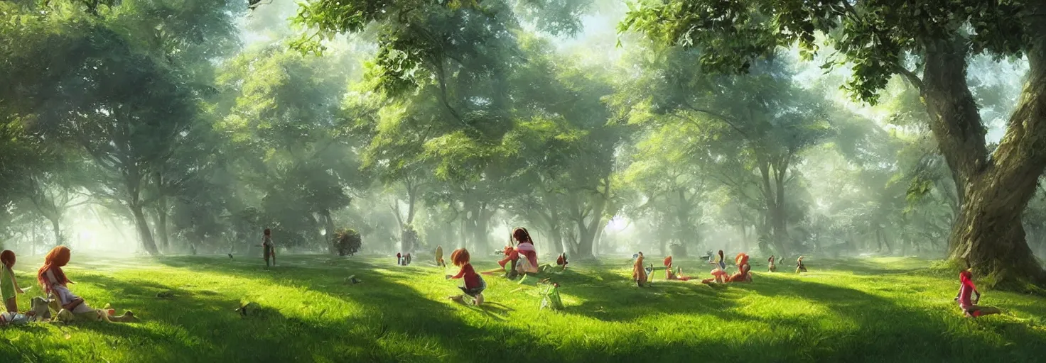 Image similar to beautiful sunny day in a green lush park, kids playing, soft warm lighting, highly detailed, digital painting, trending on artstation, concept art, sharp focus, illustration, art by artgerm and greg rutkowski and magali villeneuve