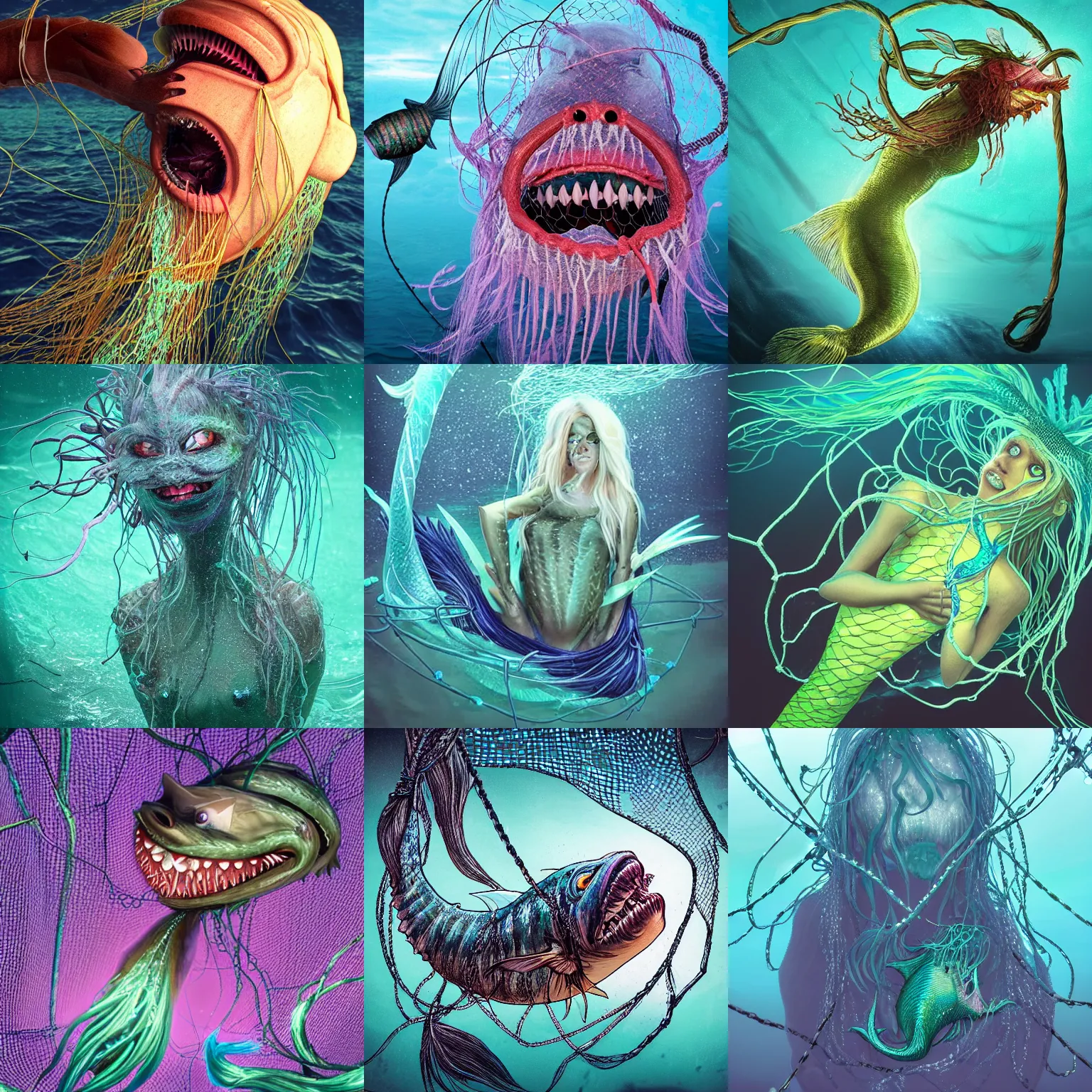 Prompt: a twisted bioluminescent ultra realistic demonic angler fish mermaid caught in some netting out at sea