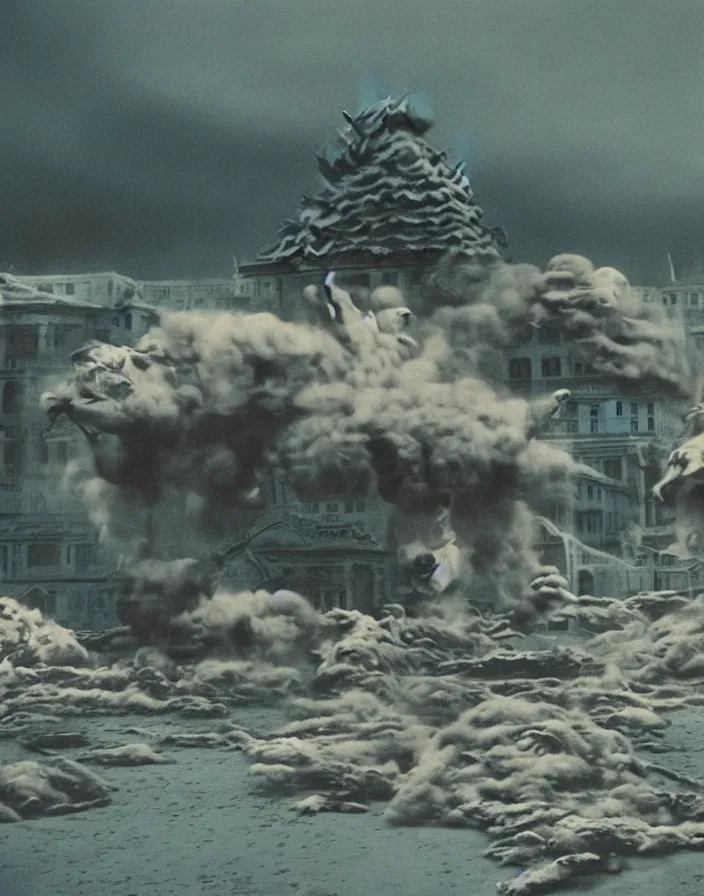 Image similar to a filmstill of a north korean monster movie, kaiju - eiga monster starfish - like trampling a traditional korean palace, foggy, film noir, epic battle, etheral, explosions, thriller, by akira kurosawa and wes anderson video compression