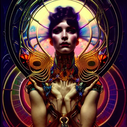 Image similar to extremely psychedelic beautiful cyborg viral goddess infected by night. intricate, elegant, highly detailed, extremely lifelike photorealistic digital painting, artstation. steichen, gaston bussiere, tom bagshaw, cyberpunk alphonse mucha. elegant minimalism. anatomically correct. sharp focus. gold, black accents. surreal lush cosmic hallucination