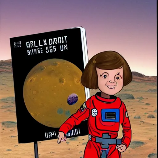 Prompt: a girl in a spacesuit on Mars. She's with a book about how to survive in space with only 5 dollars, by Adam Douglas.