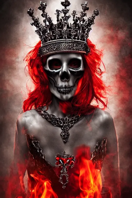 Image similar to skull queen with an red crown, hints of silver jewelry, gothic, eerie, intricate detail, dramatic lighting, fire, red, 4 k