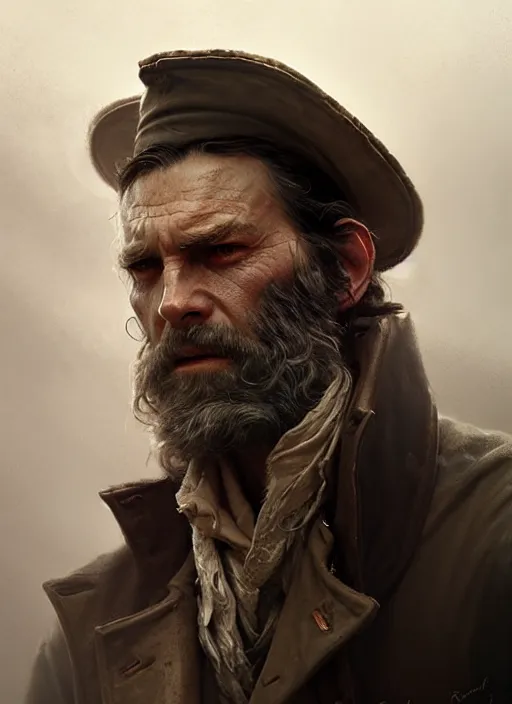 Image similar to portrait of a rugged sea captain in a trenchcoat, victorian, concept art, detailed face, fantasy, close up face, highly detailed, cinematic lighting, digital art painting by greg rutkowski