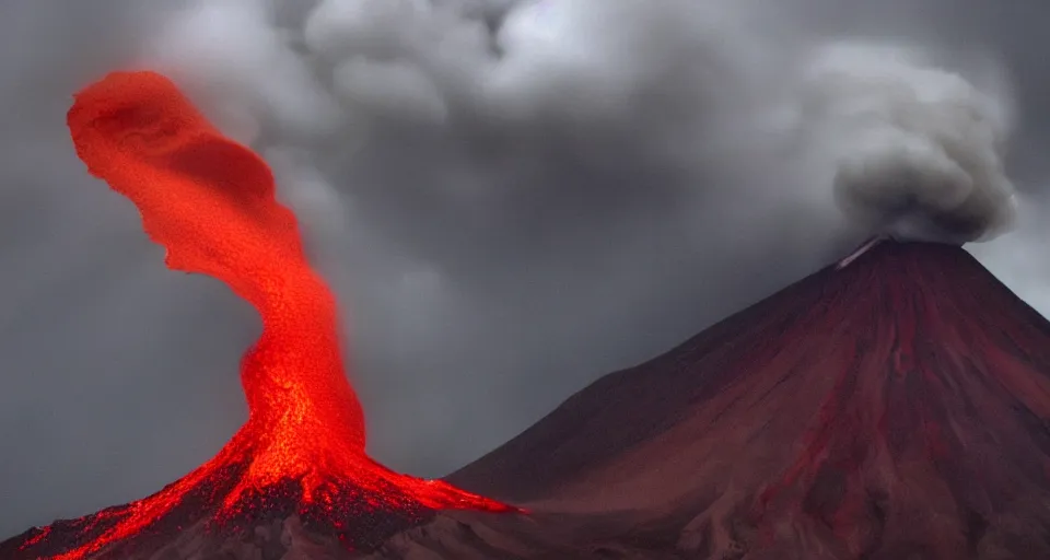 Image similar to a volcano made of ivory vines and crimson rocks enters in eruption, it spits a smoke in the shape of demonic eye, with Cry engine