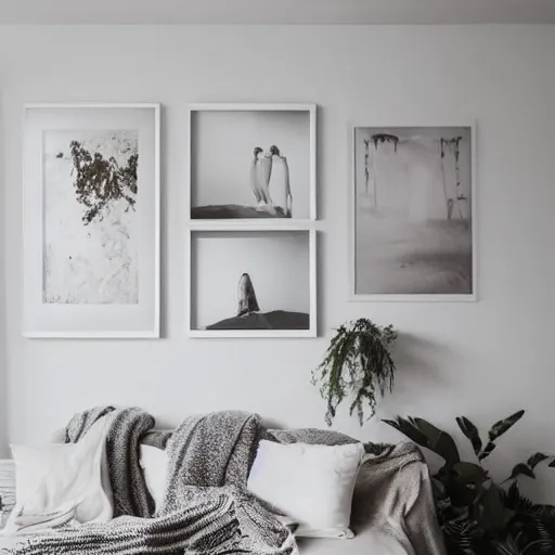 Image similar to a minimalist mockup photo with large blank frame, in a white boho style studio, in cozy coastal style home interior, white walls, trending on pinterest