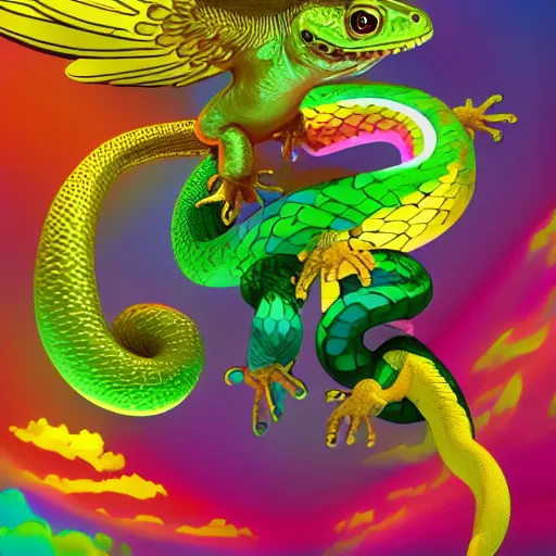 Image similar to A winged toad dances with a rainbow snake and a golden lizard, artstation, concept art, master illustration, details, good clear quality, fun - w 704