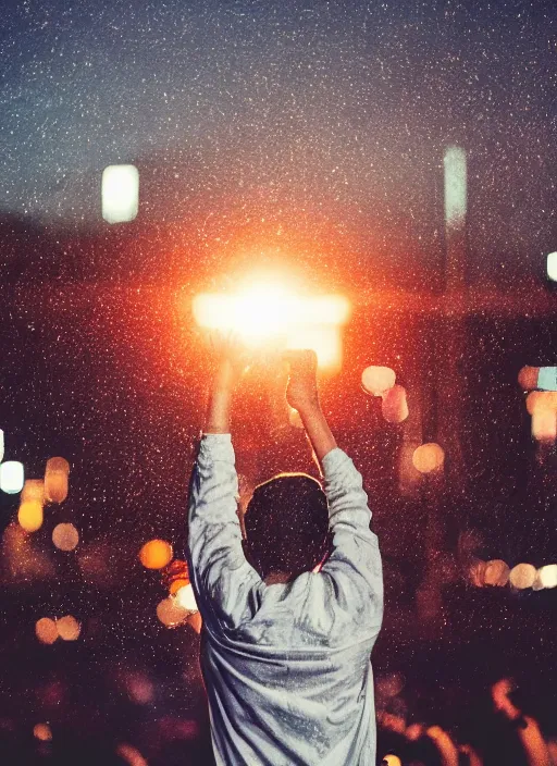 Prompt: a 3 5 mm photo from the back of a scientist raising a fist in triumph, standing in front of a city, splash art, movie still, bokeh, canon 5 0 mm, cinematic lighting, dramatic, film, photography, golden hour, depth of field, award - winning, anamorphic lens flare, 8 k, hyper detailed, 3 5 mm film grain