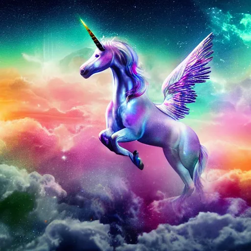 Prompt: 8 k capture scan of a iridescent unicorn with wings dancing in a garbage dump, the sky has the milky way, high textured, conceptual, intricate detailed photography, illustration sharp