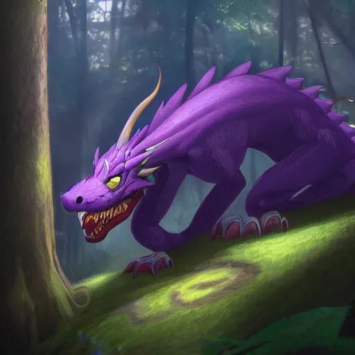 Image similar to concept art painting of an anthropomorphic purple humanoid furry dragon, in the deep forest, realistic, detailed, cel shaded, in the style of makoto shinkai and greg rutkowski and james gurney