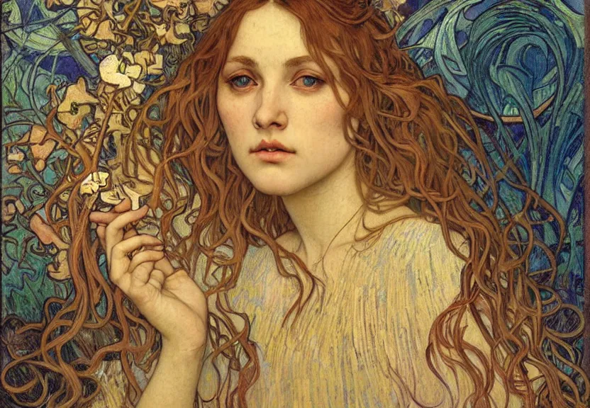Image similar to detailed realistic beautiful young medieval queen face portrait by jean delville, alphonse mucha, vincent van gogh, and marco mazzoni, art nouveau, symbolist, visionary, gothic, pre - raphaelite