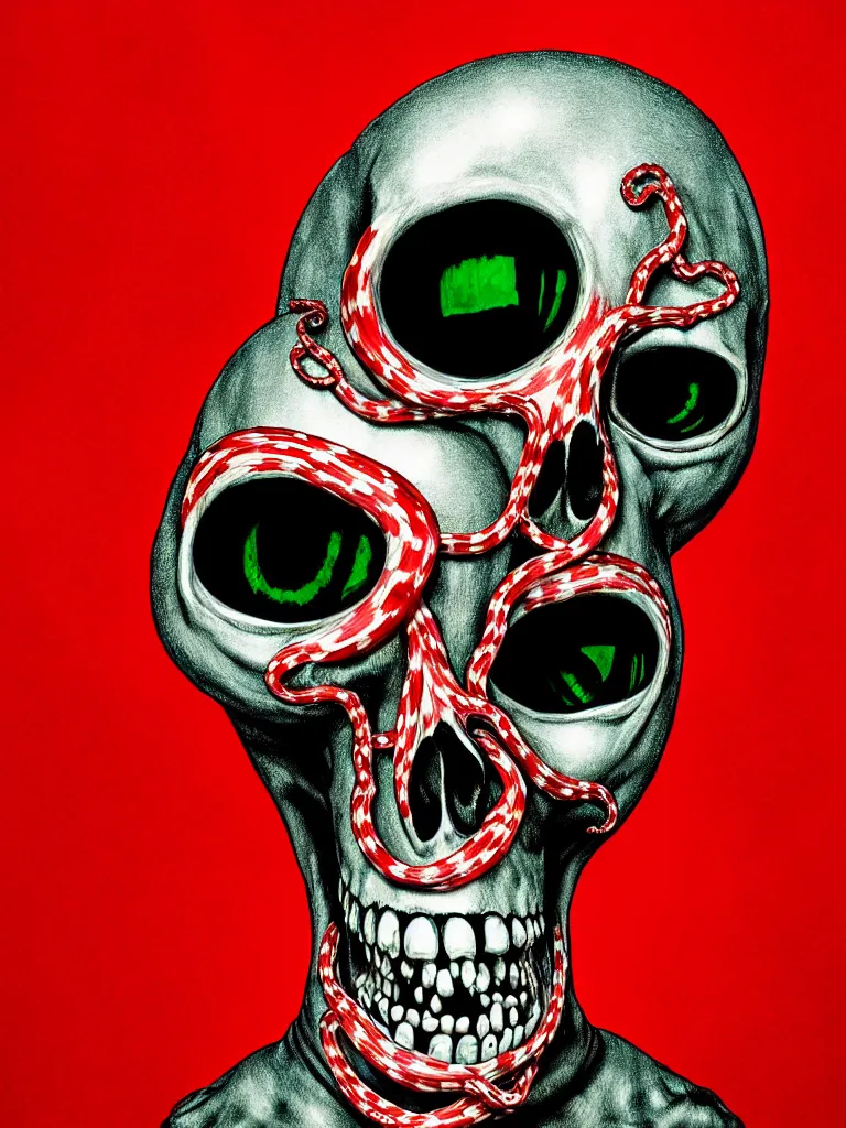 Prompt: a self portrait photograph by the artist kelbv, in distinct hyper detailed style with tubes coming from eyes, and hollowed skull filled with red and green gingham ellipsoids, perfect studio lighting against a backdrop of a still from the movie squid asthma.