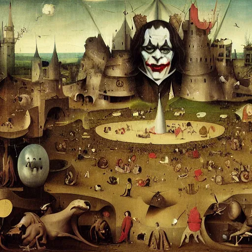 Image similar to the joker, drama, chaos matte painting by hieronymus bosch and zidislaw beksinsky