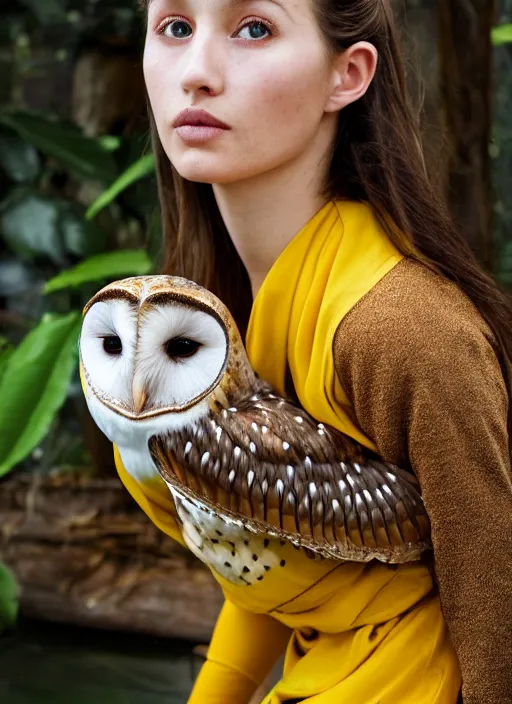 Image similar to portrait photograph of beautiful!!!! young female model, symmetric face!!, symmetric eyes!!, slight smile!, natural light, wearing a yellow kimono with a very detailed barn owl!! on her shoulder!!! in a tropical greenhouse. looking at the camera!!. super resolution. Extremely detailed. Graflex camera!, bokeh!!.