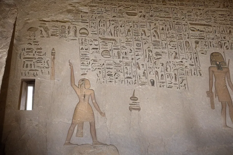 Prompt: in the glorious egyptian palace there are technological inventions, computers, cell phones, spacecraft, spaceships, time machines recorded in stone.