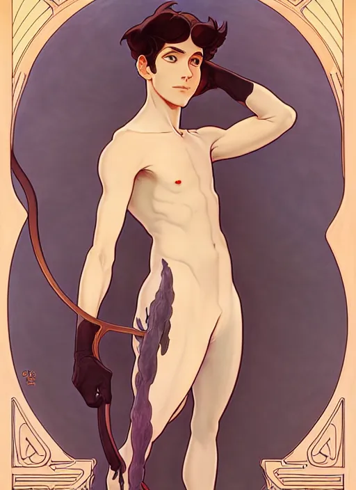 Image similar to art nouveau portrait of catboy, natural lighting, path traced, highly detailed, high quality, cartoon, digital painting, by don bluth and ross tran and studio ghibli and alphonse mucha