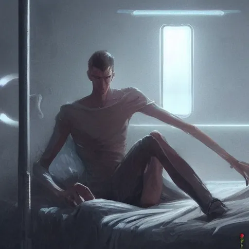 Image similar to concept art by greg rutkowski, very tall and slender young man waking up in a hospital bed, futuristic and high - tech setting but desolate and dimly lit, scifi, highly detailed portrait, digital painting, artstation, concept art, smooth, sharp foccus ilustration, artstation hq