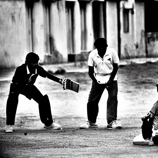 Image similar to four guys playing a game of cricket, on an indian street, award winning image, national geographic, dslr 3 0 mm image, black and white, wow, gorgeous