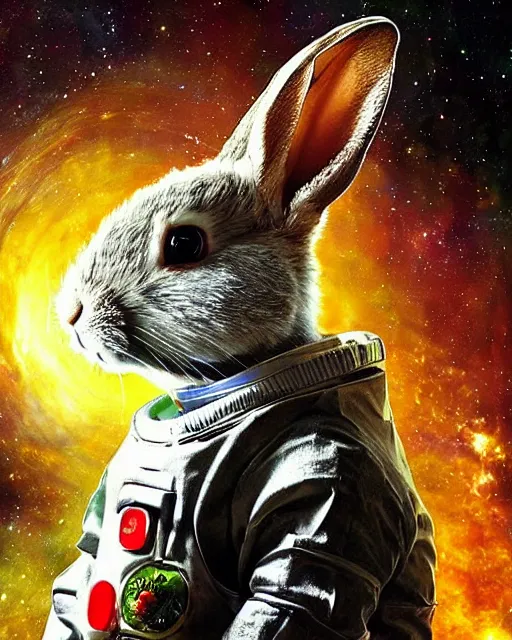 Image similar to portrait of a rabbit wearing a space suit after eating 3 mg of lsd dof hdr art by aleksi briclot and alexander'hollllow'fedosav and laura zalenga