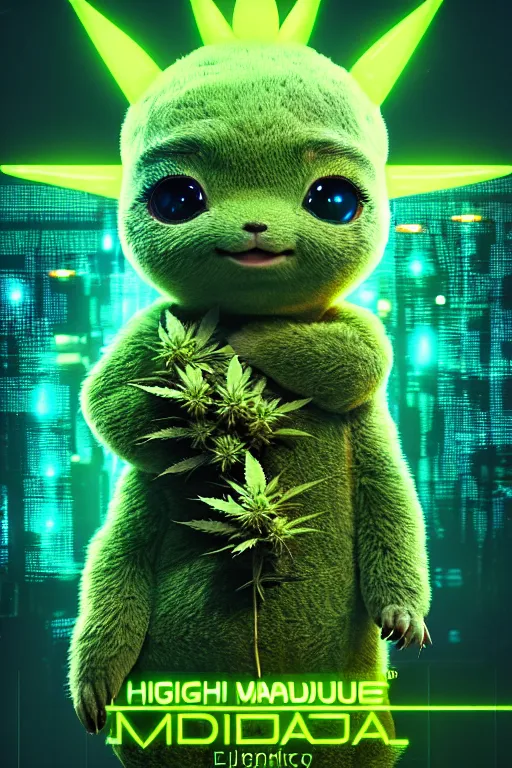 Image similar to high quality 3 d render very cute beautiful creature with a cannabis inflorescence instead of a head, like baby! cosmic marijuana bush, incorporated speakers!, cyberpunk highly detailed, unreal engine cinematic smooth, in the style of blade runner & detective pikachu, hannah yata charlie immer, moody light, low angle, uhd 8 k, sharp focus