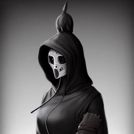 Image similar to female plague doctor donning a black hood, tight leather armor and a white crow mask, trending on artstation