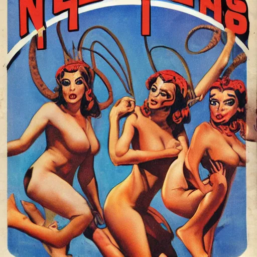 Prompt: Naga Sirens from the Planet Mars, pulp comic cover