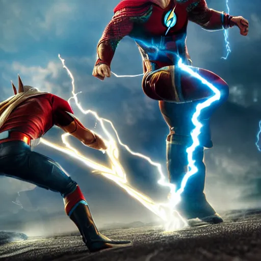 Prompt: Flash vs Thor, very detailed, 16k render, ultra realism