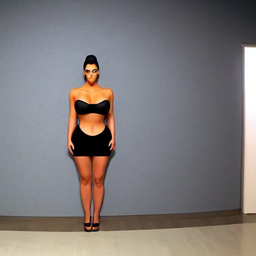 Image similar to kim kardashian full body mugshot, standing in front of a wall