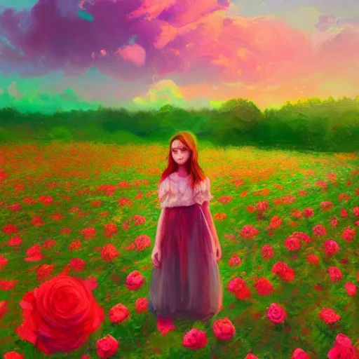 Image similar to large rose head, girl standing in a flower field, surreal photography, sunrise dramatic light, impressionist painting, colorful clouds, digital painting, artstation, simon stalenhag