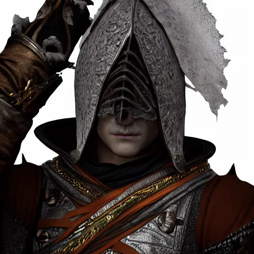 Image similar to a digital art close up portrait of hooded bard with porcelain mask in style of dark souls character, handsome warlock with magic character sheet, 4 k, ultra detail, volumetric lighting, unreal engine, octane render, grimdark