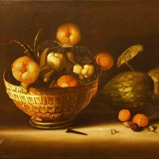 Prompt: roly poly dutch golden age still life painting, dramatic lighting, cinematic lighting, detailed