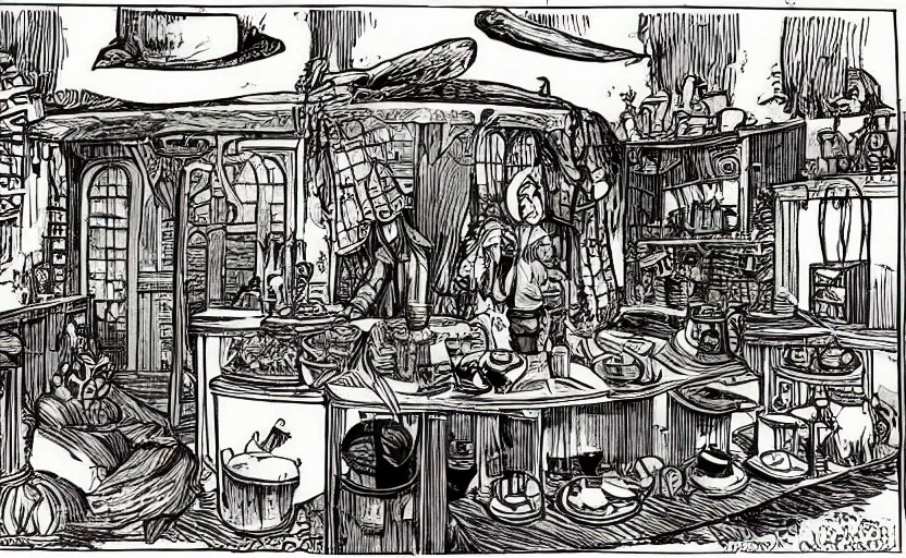 Prompt: witch's cabin full of potions, a cauldron on a counter with a sales register, lush vegetation, by moebius