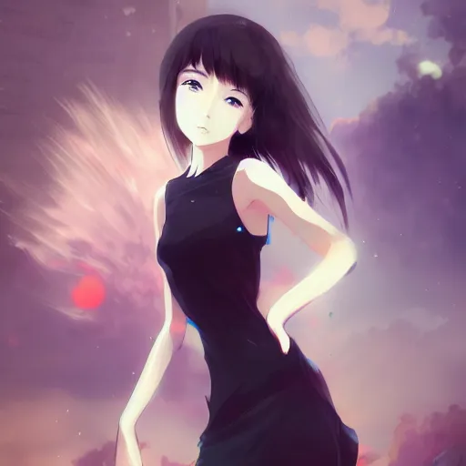 Image similar to anime girl wearing a black dress, anime style, gorgeous face, by makoto shinkai, by wenjun lin, digital drawing, video game art, brutalism