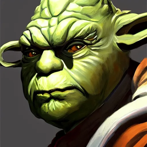 Image similar to greg manchess portrait painting of armored yoda as overwatch character, medium shot, asymmetrical, profile picture, organic painting, sunny day, matte painting, bold shapes, hard edges, street art, trending on artstation, by huang guangjian and gil elvgren and sachin teng