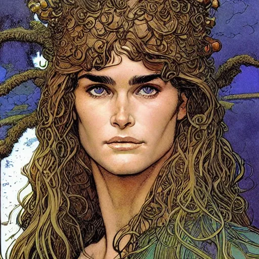 Prompt: a realistic, very beautiful and atmospheric portrait of young brooke shields aged 1 8 as a druidic warrior wizard looking at the camera with an intelligent gaze by rebecca guay, michael kaluta, charles vess and jean moebius giraud