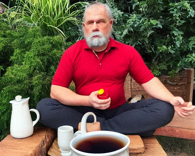 Image similar to mr robert is drinking fresh tea, smoke pot and meditate in a garden from spiral mug, detailed glad face, power belly, golden hour closeup photo, red elegant shirt, eyes wide open, ymmm and that smell