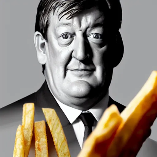 Image similar to photo of [ a single salted french fry chip ] shaped like that looks like ( stephen fry ) [ as a pixar character ] [ hybrid ] intercross mix cinematic lighting